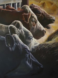 oil painting of four cattle